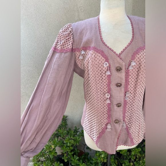 Vintage glam blazer jacket dusty rose linen faux suede floral beads Med La Foret - Picture 8 of 14